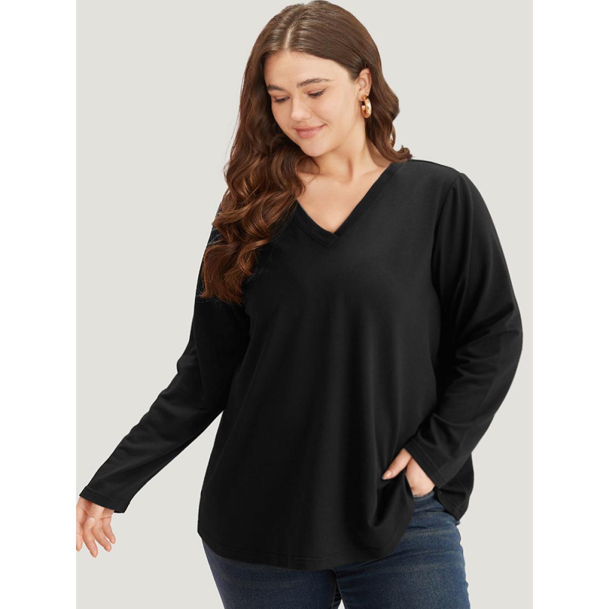 Plus Size Plain V Neck Back Half Zip Sweatshirt Women Black Casual Plain V-neck Dailywear Sweatshirts BloomChic 10/M Product Image