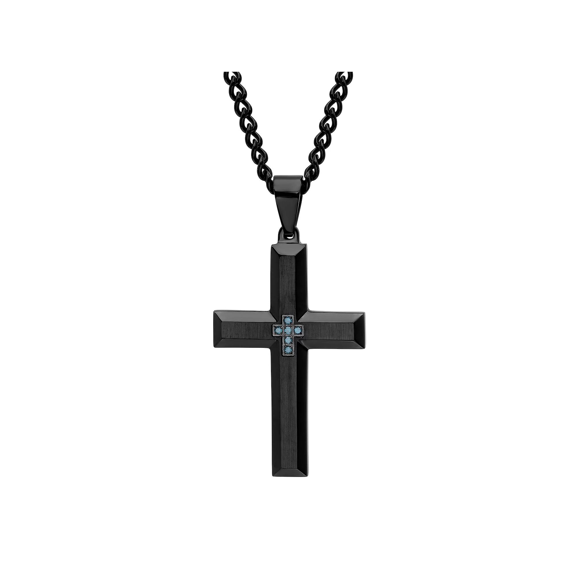 Men's Jewelry Nation Black Stainless Steel Blue Diamond Accent Cross Pendant Necklace, Size: 24" Product Image