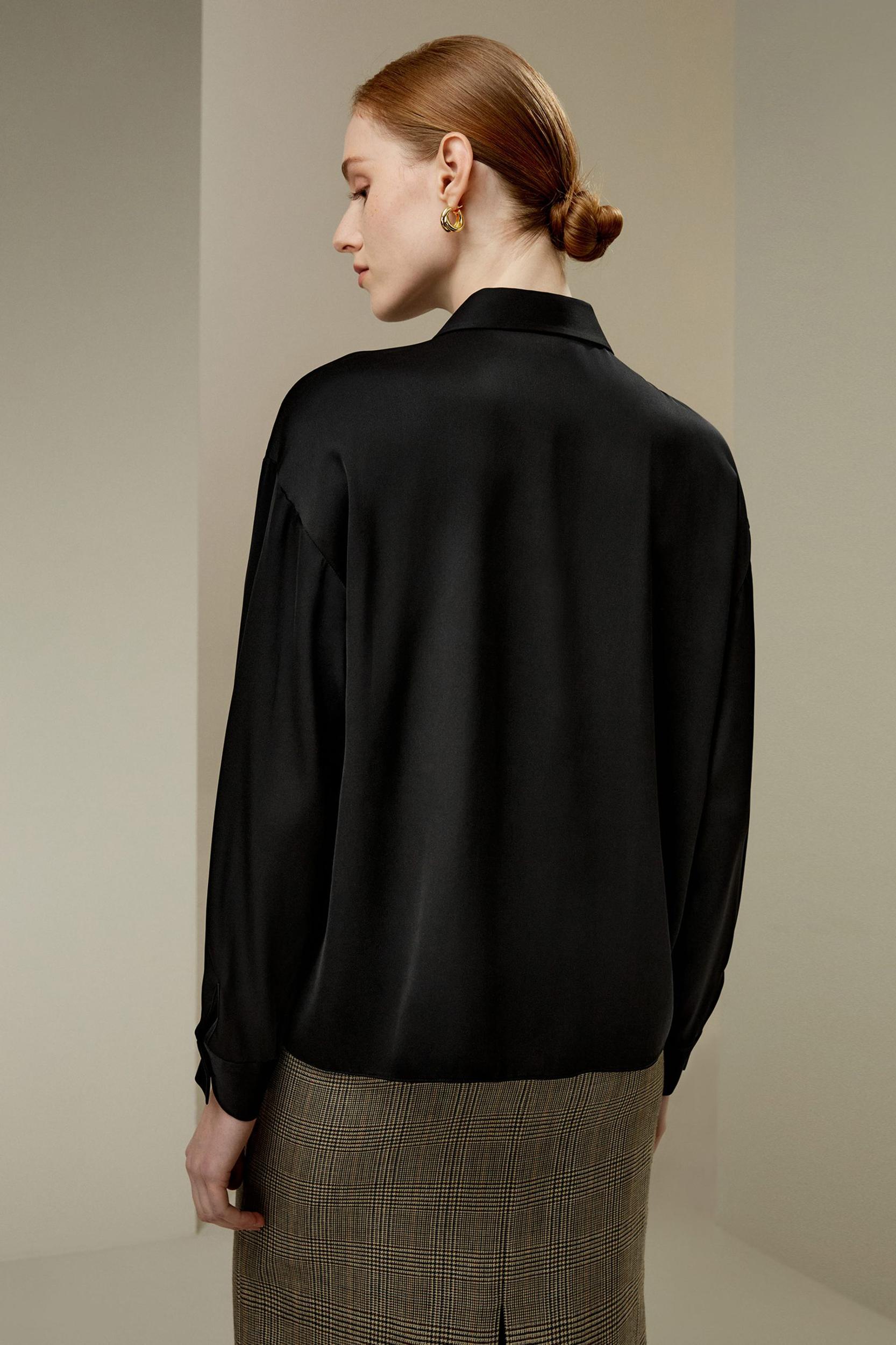 Pleated Shirt-Collar Silk Blouse Product Image