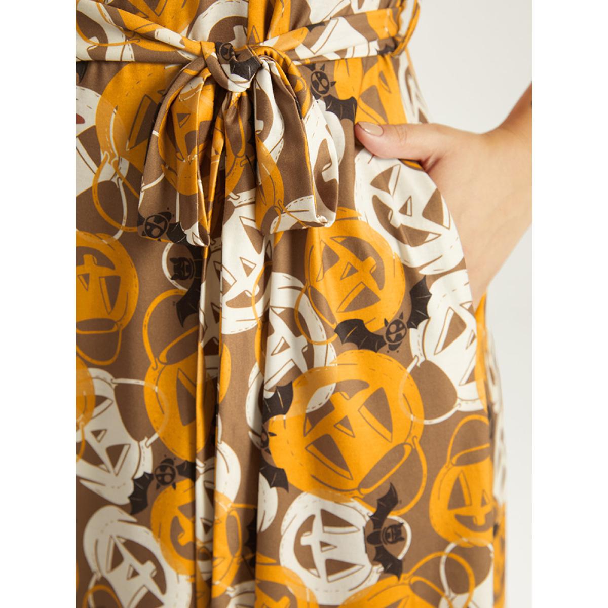 Plus Size Halloween Print Crew Neck Pocket Belted Dress Orange Women Elegant Belted Round Neck Short sleeve Curvy Midi Dress BloomChic 22-24/3X Product Image