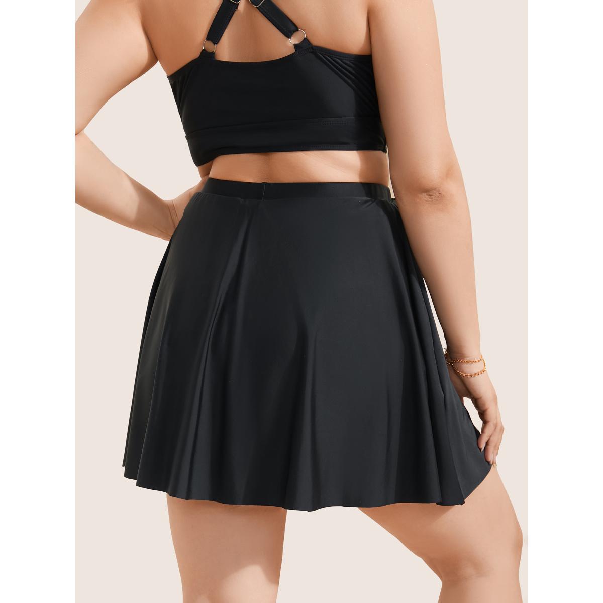 Plus Size Solid Pocket Ruffles Swim Skirt Women's Swimwear Black Resort Non High stretch Bodycon High Rise Slanted pocket Curve Swim Bottoms BloomChic 10/M Product Image