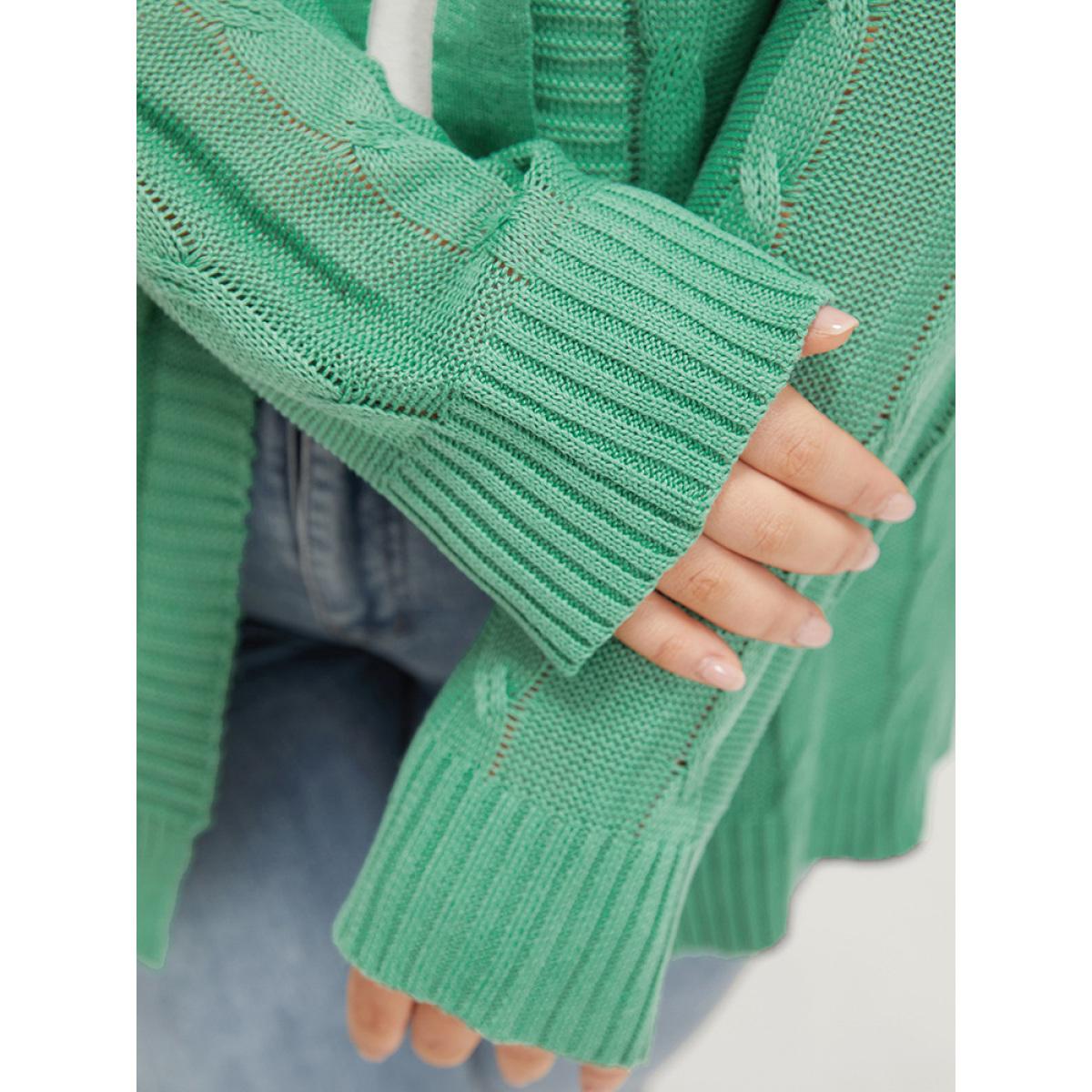 Plus Size Solid Ties Front Cable Knit Cardigan Green Women Casual Long Sleeve Dailywear Cardigans BloomChic 10/M Product Image