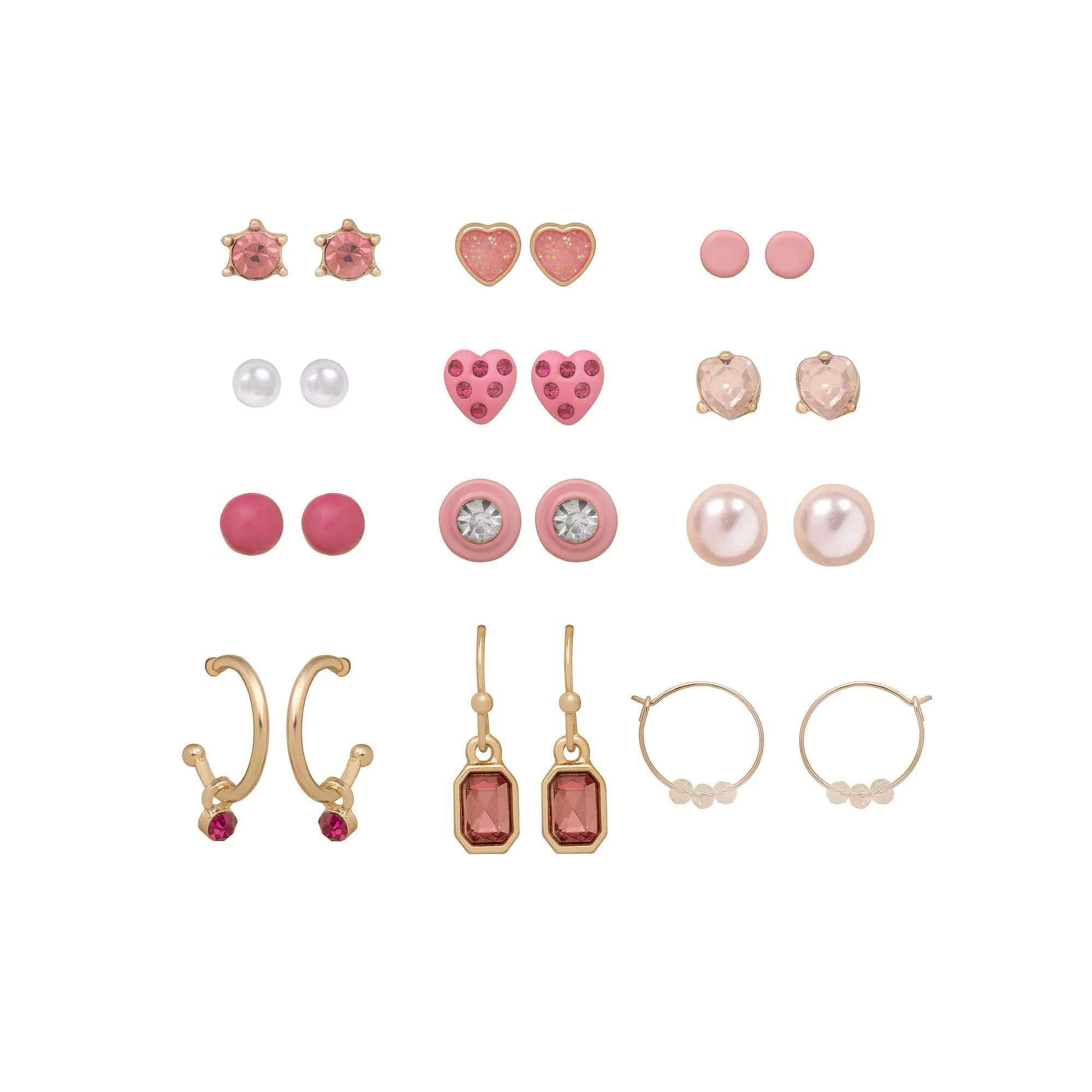 LC Lauren Conrad Bright Pink Earrings 12-Pair Pack, Women's Product Image