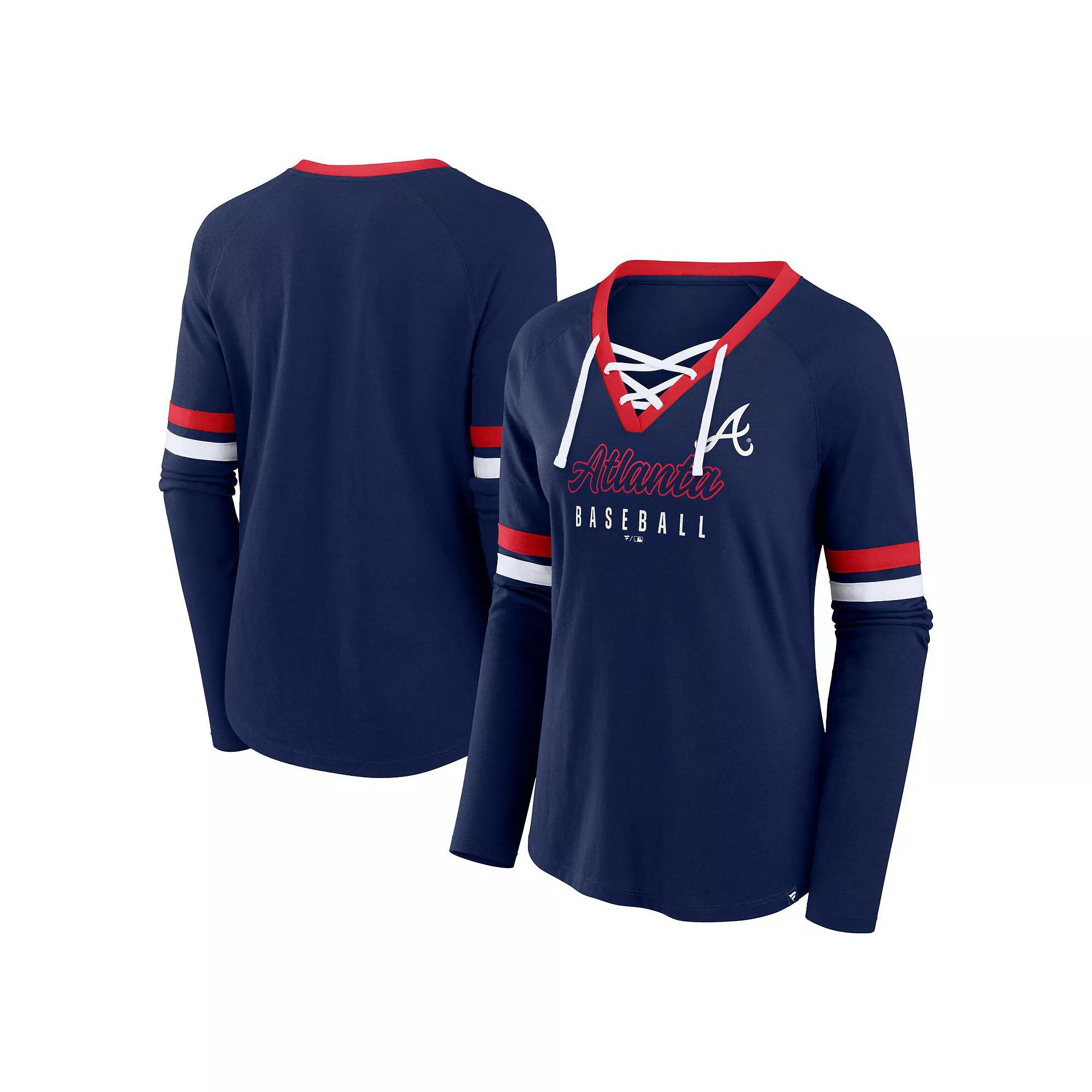 Women's Fanatics Navy Atlanta Braves Won & Done Raglan Lace-Up Long Sleeve T-Shirt,  Product Image