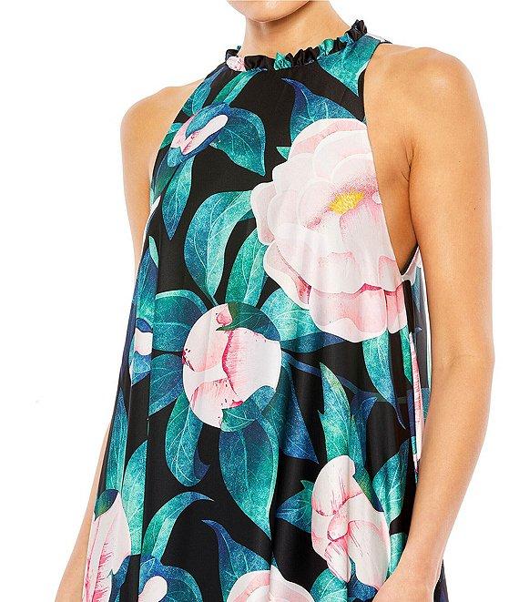 Mac Duggal Floral Print Ruffled Crew Neck Sleeveless High-Low Hem Gown Product Image