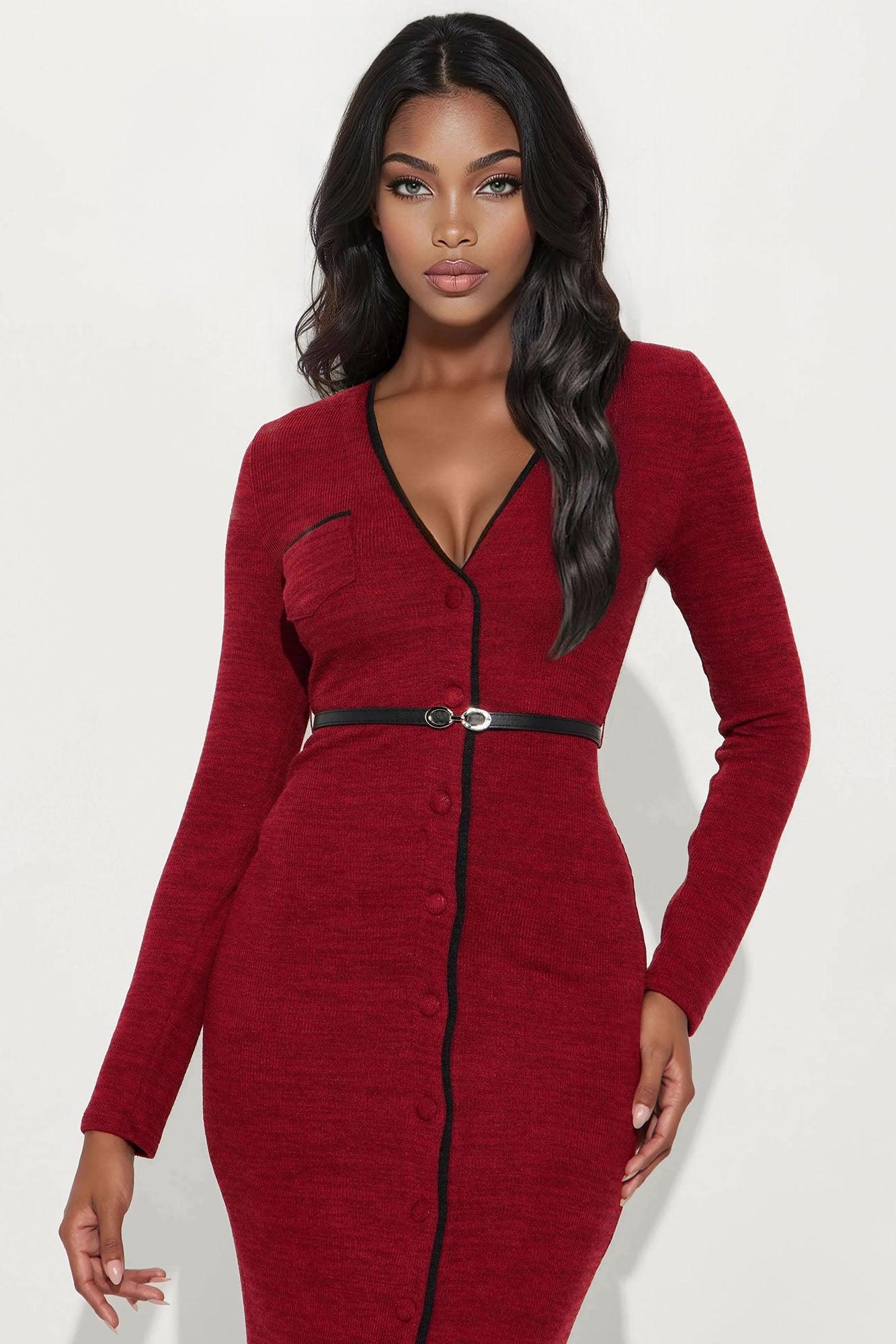 Genesis Belted Sweater Midi Dress - Burgundy/combo Female Product Image