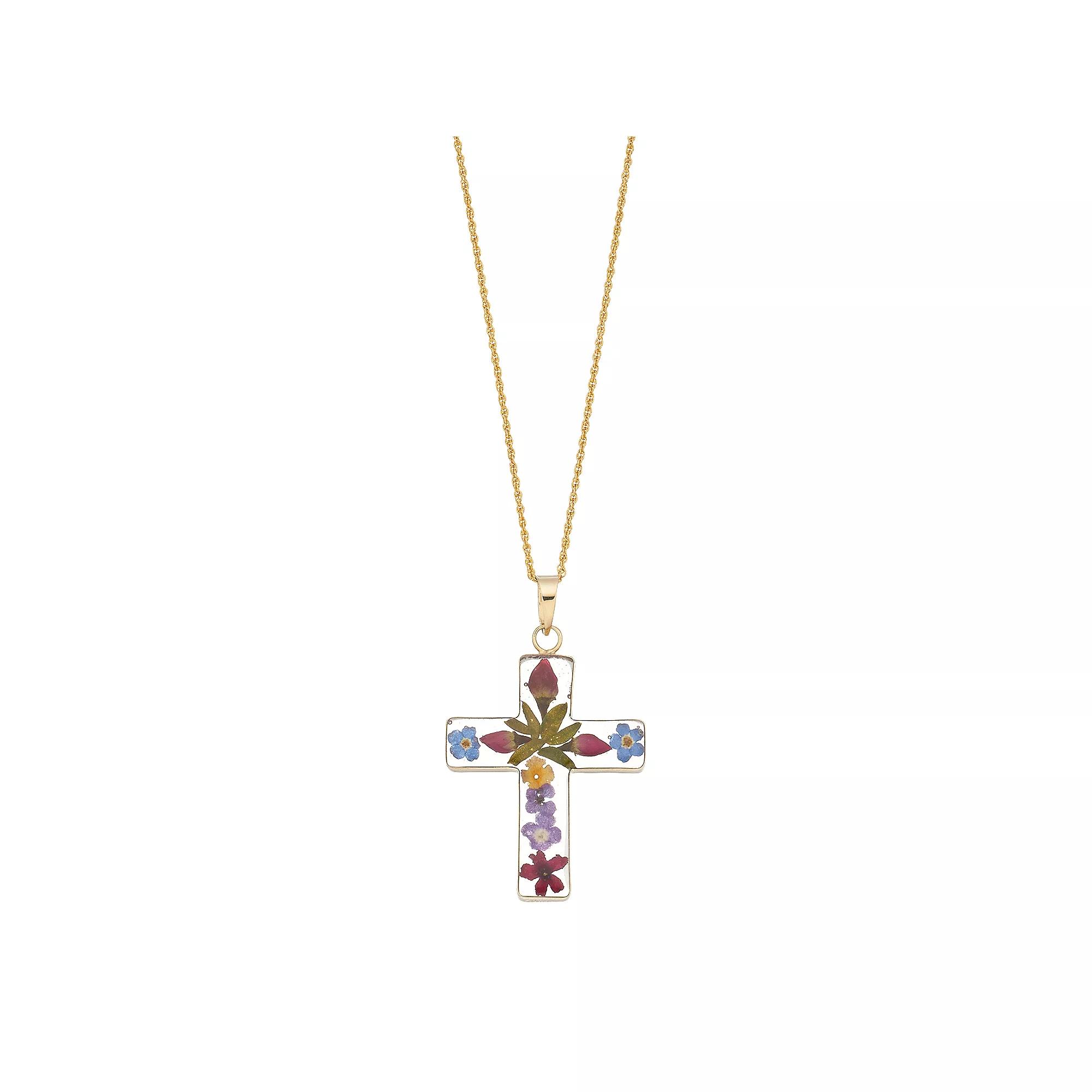 24k Gold Over Silver Pressed Flower Cross Pendant Necklace, Women's, Size: 18", Sterling Product Image