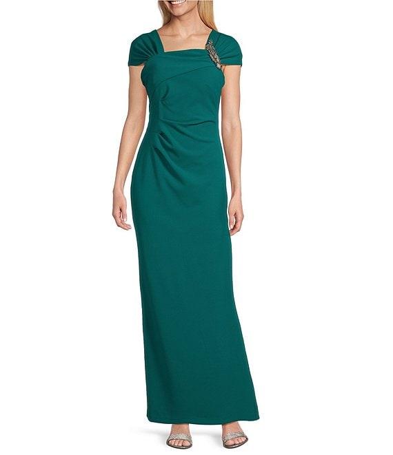 Alex Evenings Petite Size Crepe Asymmetric Embellished Neck Cap Sleeve Sheath Dress Product Image