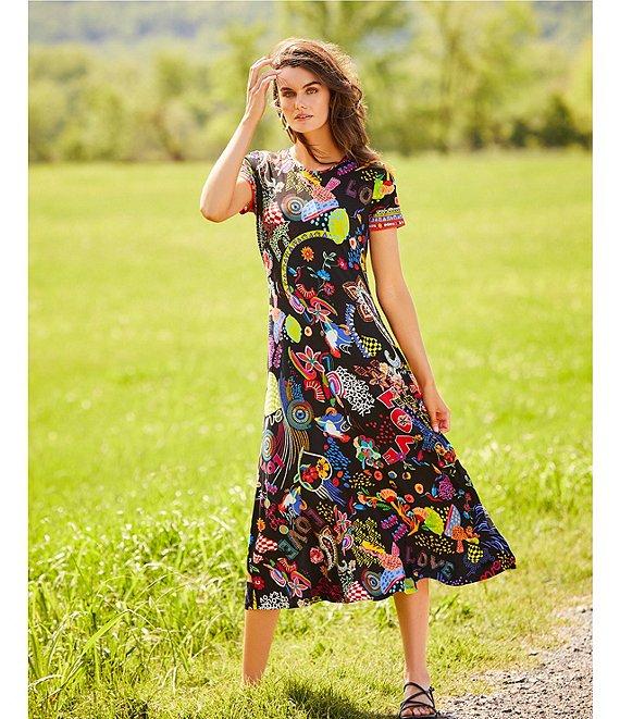 JOHNNY WAS The Janie Favorite Jenny Scarf Mixed Print Crew Neck Cap Sleeve Midi Dress Product Image