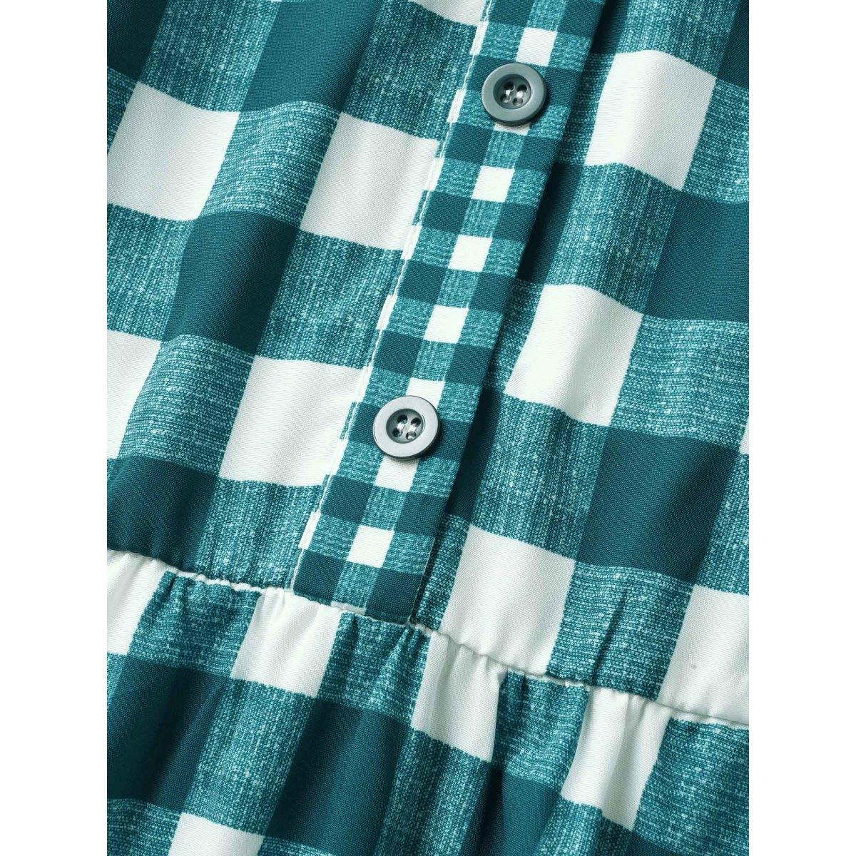 Plus Size Plaid Notched Ruffle Cap Sleeve Midi Dress Teal Women At the Office Patchwork Flat collar with V-notch Cap Sleeve Curvy BloomChic 22-24/3X Product Image