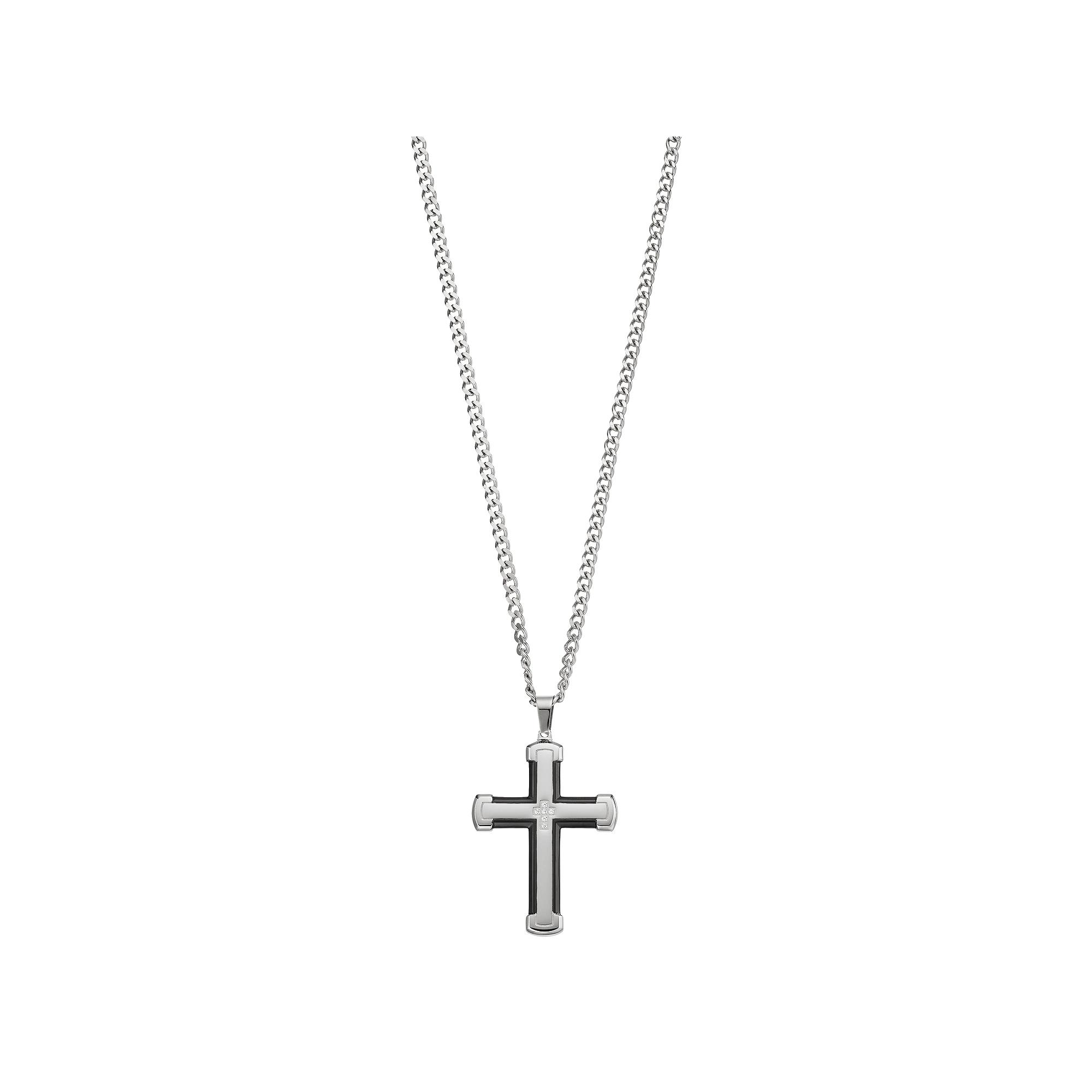 Diamond Brilliance Men's Black & Silver Tone Stainless Steel 1/10 Carat T.W. Black Lab-Created Diamond Cross Pendant Necklace, Size: 24" Product Image