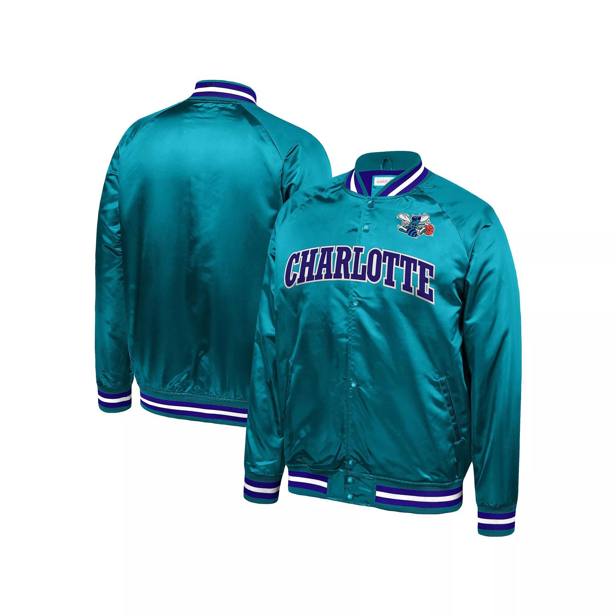 Men's Mitchell & Ness Teal Charlotte Hornets Throwback Wordmark Satin Full-Snap Raglan Jacket, Size: Small, Chr Blue Product Image