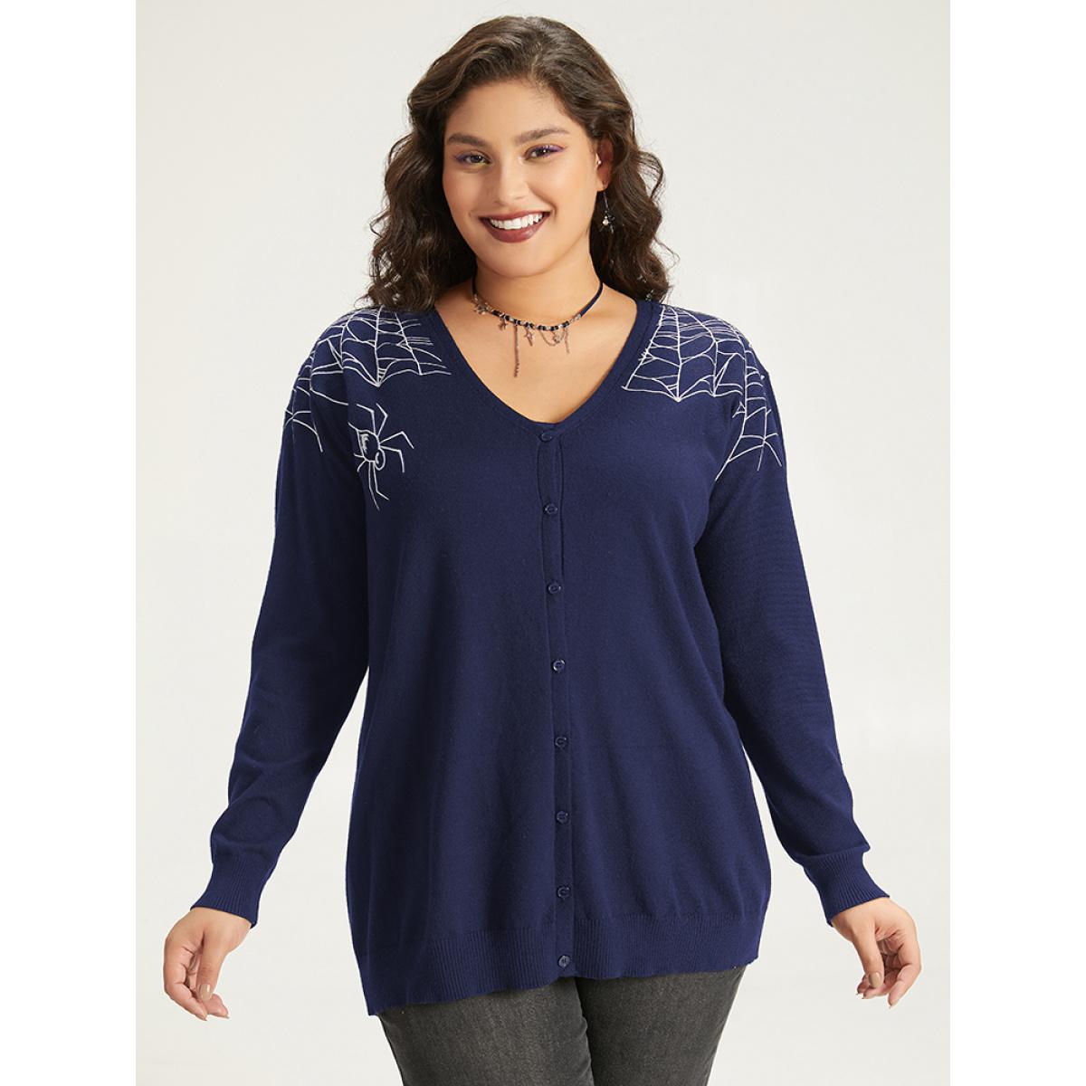 Plus Size Supersoft Essentials Halloween Spider Web Button Through Cardigan Indigo Women Leisure Loose Long Sleeve Casual Cardigans BloomChic 10/M Product Image