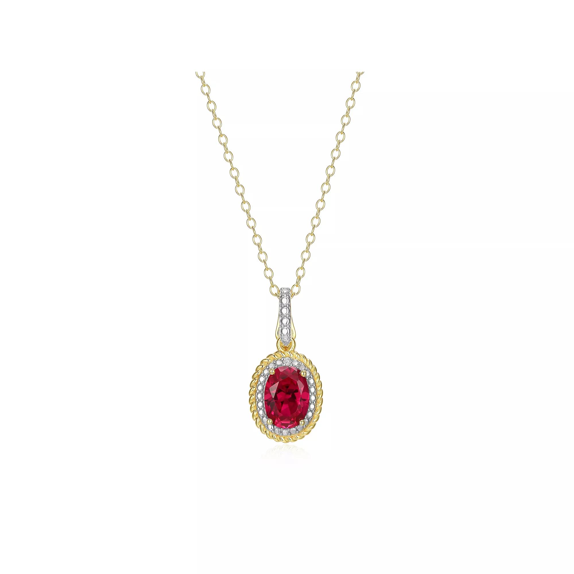 18k Gold Over Silver Gemstone & Diamond Accent Halo Pendant Necklace, Women's, Size: 18", July Created Red Product Image