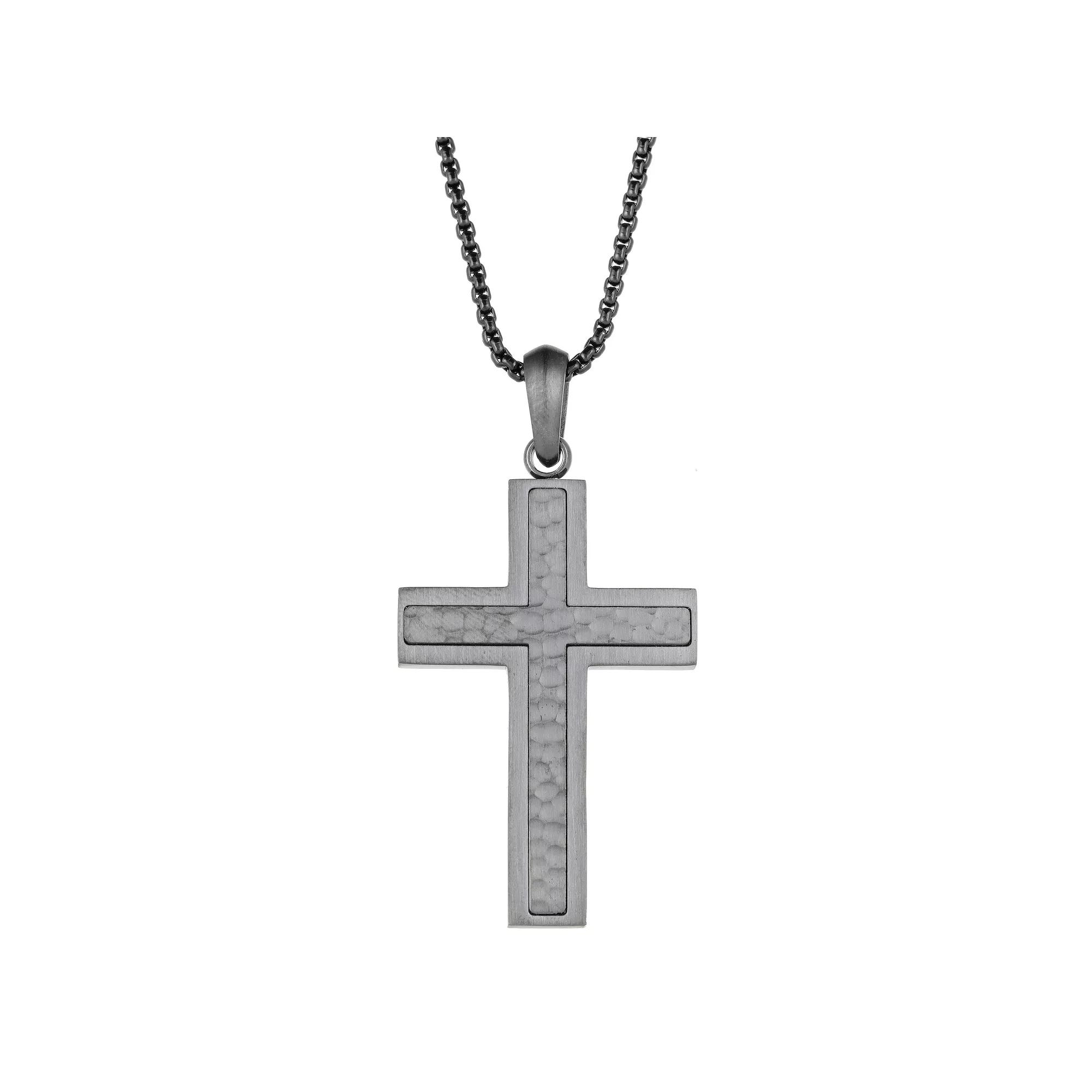 Men's LYNX Gray Ion-Plated Stainless Steel Hammered Cross Pendant Necklace, Size: 24" Product Image