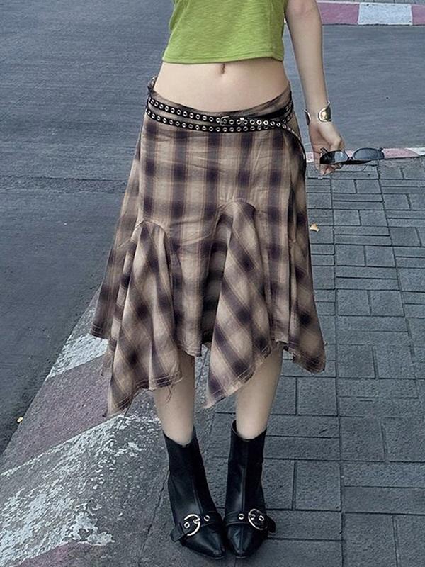Retro Plaid Patchwork Maxi Skirt Product Image