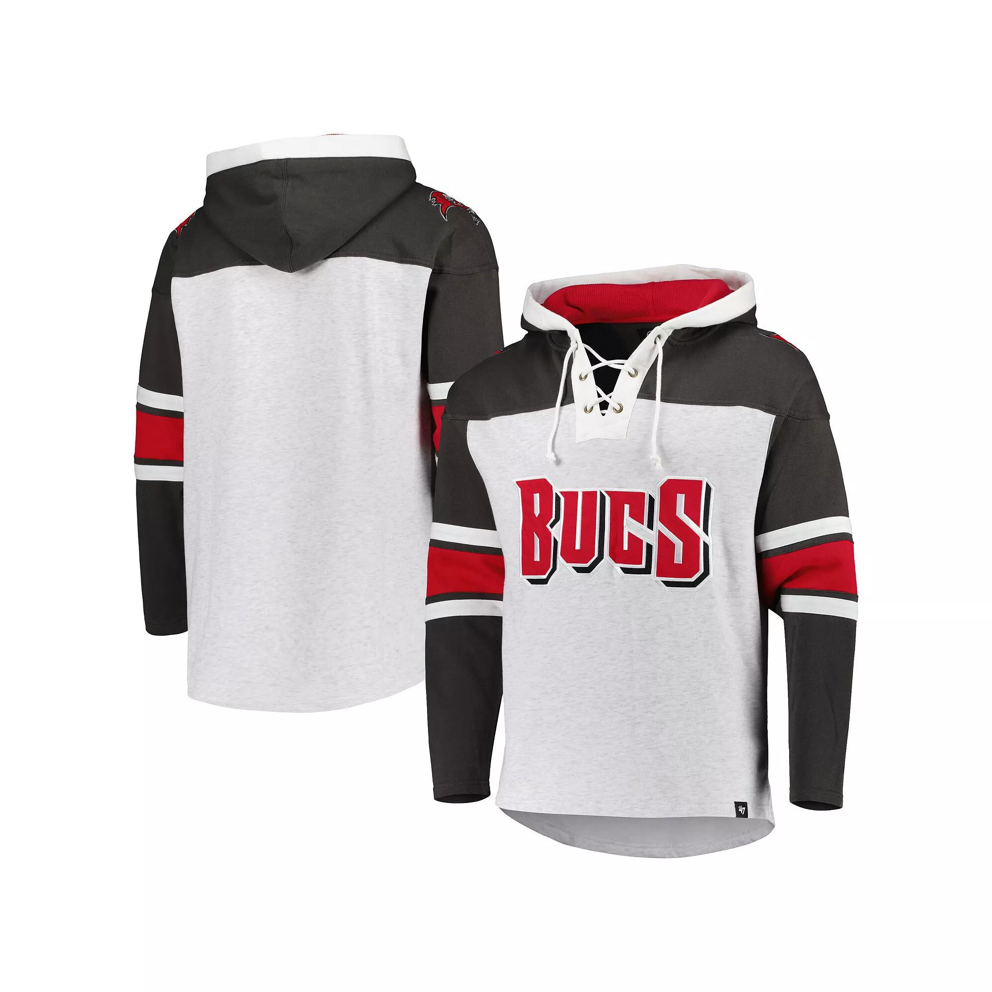 Men's '47 Tampa Bay Buccaneers Heather Gray Gridiron Lace-Up Pullover Hoodie, Size: 3XL, Grey Product Image