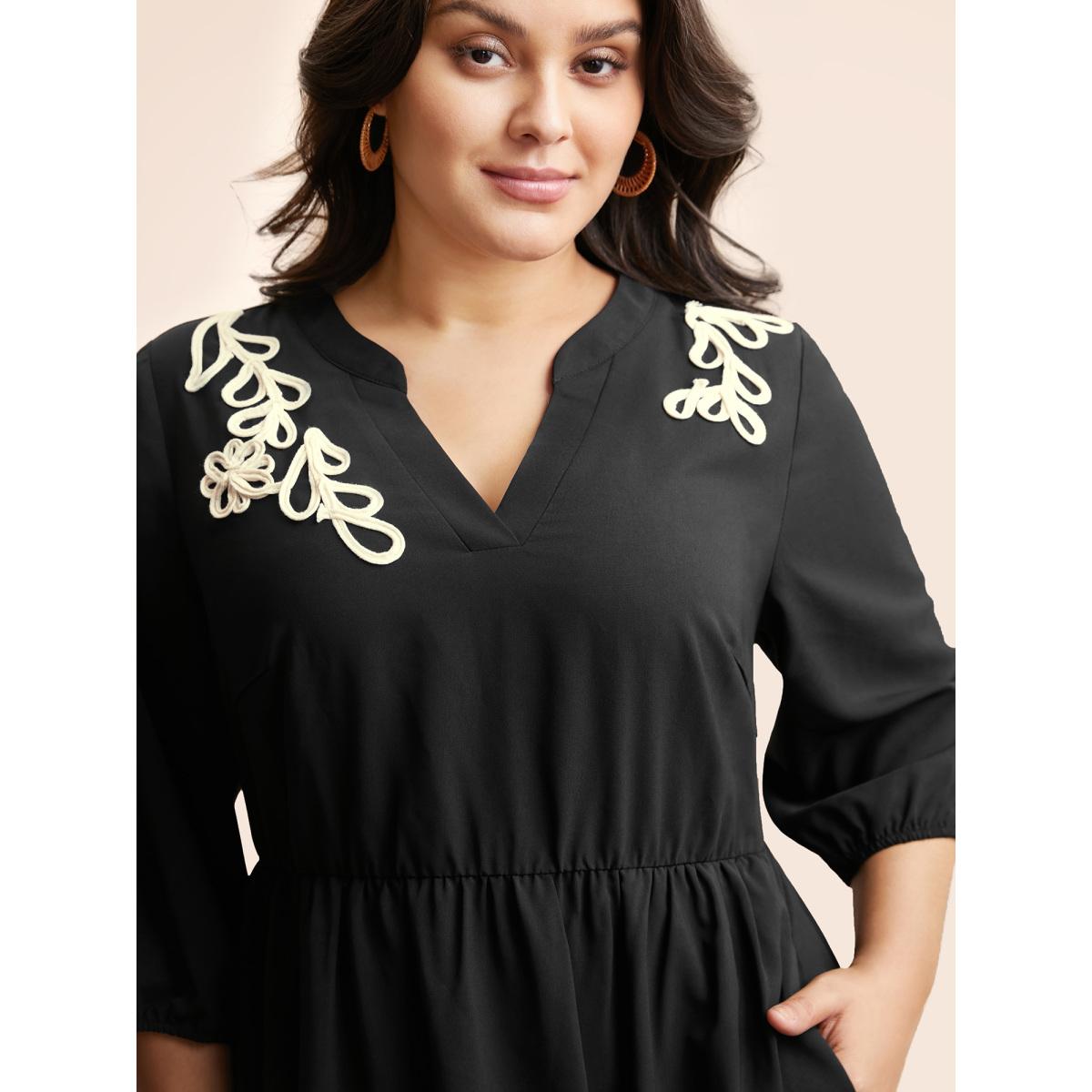 Plus Size Notched Stereo Flower Design Midi Dress Black Women Resort Woven ribbon&lace trim Notched collar Elbow-length sleeve Curvy BloomChic 30/6X Product Image