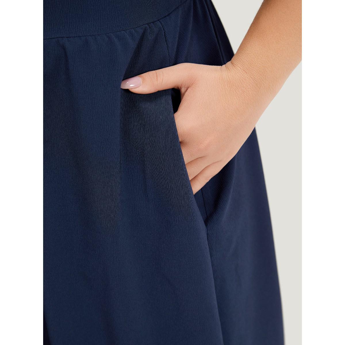 Plus Size Plain Pocket Button Detail V Neck Plicated Knot Dress Indigo Women Elegant Plain V-neck Short sleeve Curvy Midi Dress BloomChic 30/6X Product Image