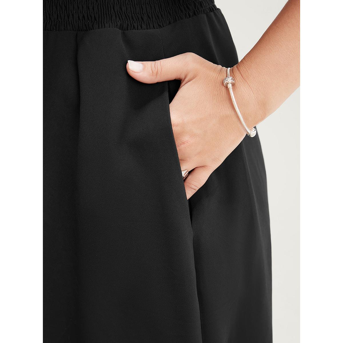 Plus Size Ditsy Floral Shirred Surplice Neck Pocket Mesh Ruffle Hem Dress Black Women Elegant Patchwork V-neck Short sleeve Curvy Midi Dress BloomChic 30/6X Product Image