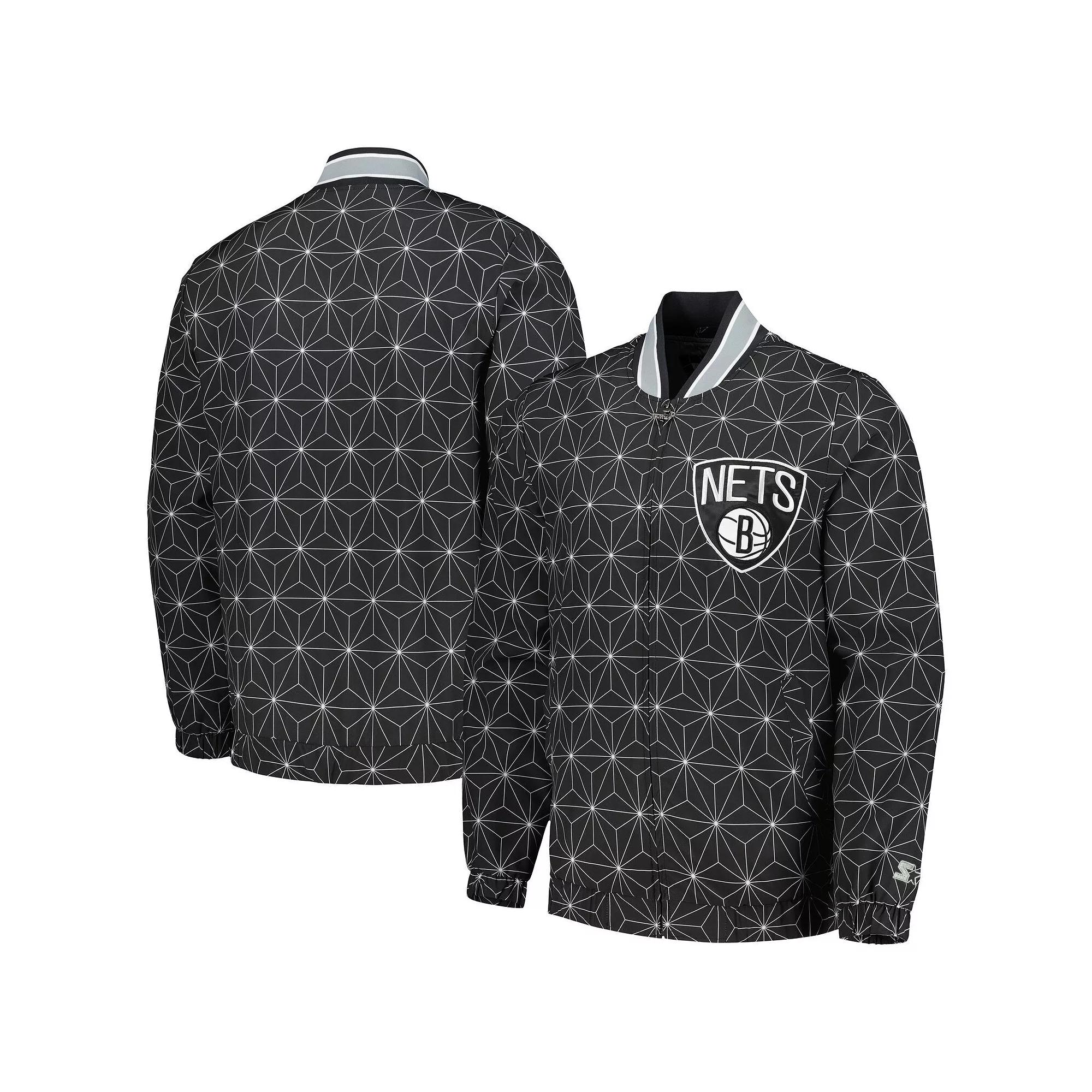 Men's Starter Black Brooklyn Nets In-Field Play Fashion Satin Full-Zip Varsity Jacket,  Product Image