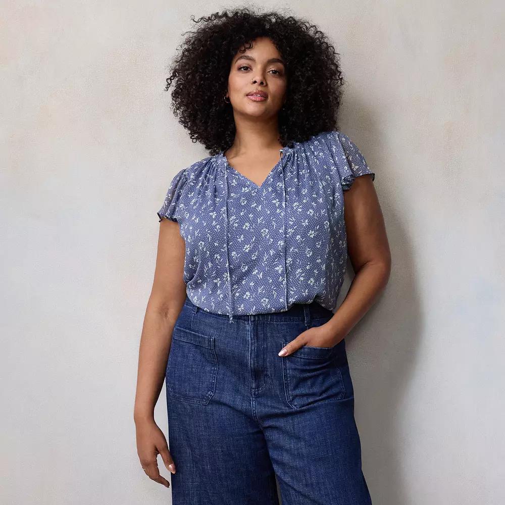 Plus Size LC Lauren Conrad Tie Front Ruffled V-Neck Shell, Women's, Size: 3XL, Blue Dottie Fleur Product Image