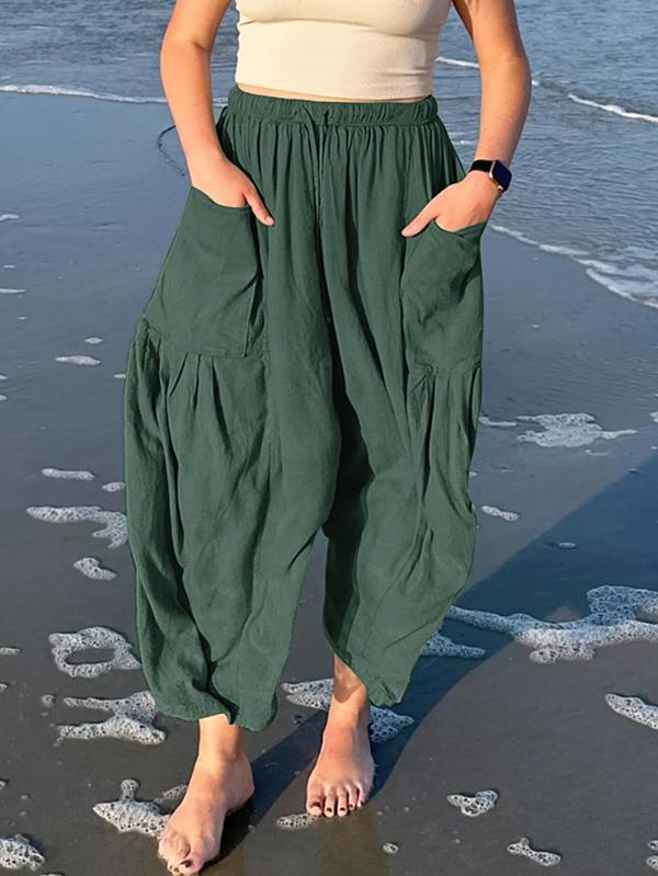 High Waisted Loose Drawstring Elasticity Pleated Pockets Solid Color Ninth Pants Trousers Product Image