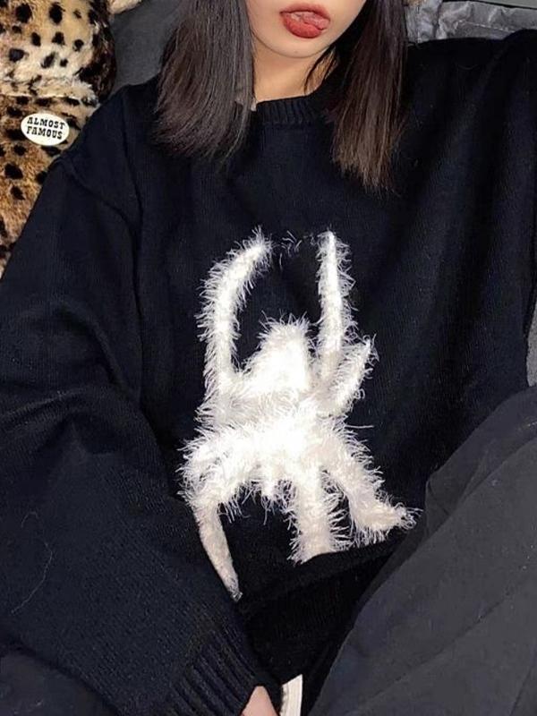 Plush Spider Print Loose Sweater Product Image
