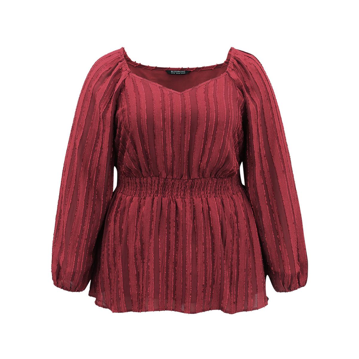 Plus Size Scarlet Plain Textured Shirred Lantern Sleeve Gathered Blouse Women Glamour Long Sleeve Square Neck Party Blouses BloomChic 10/M Product Image