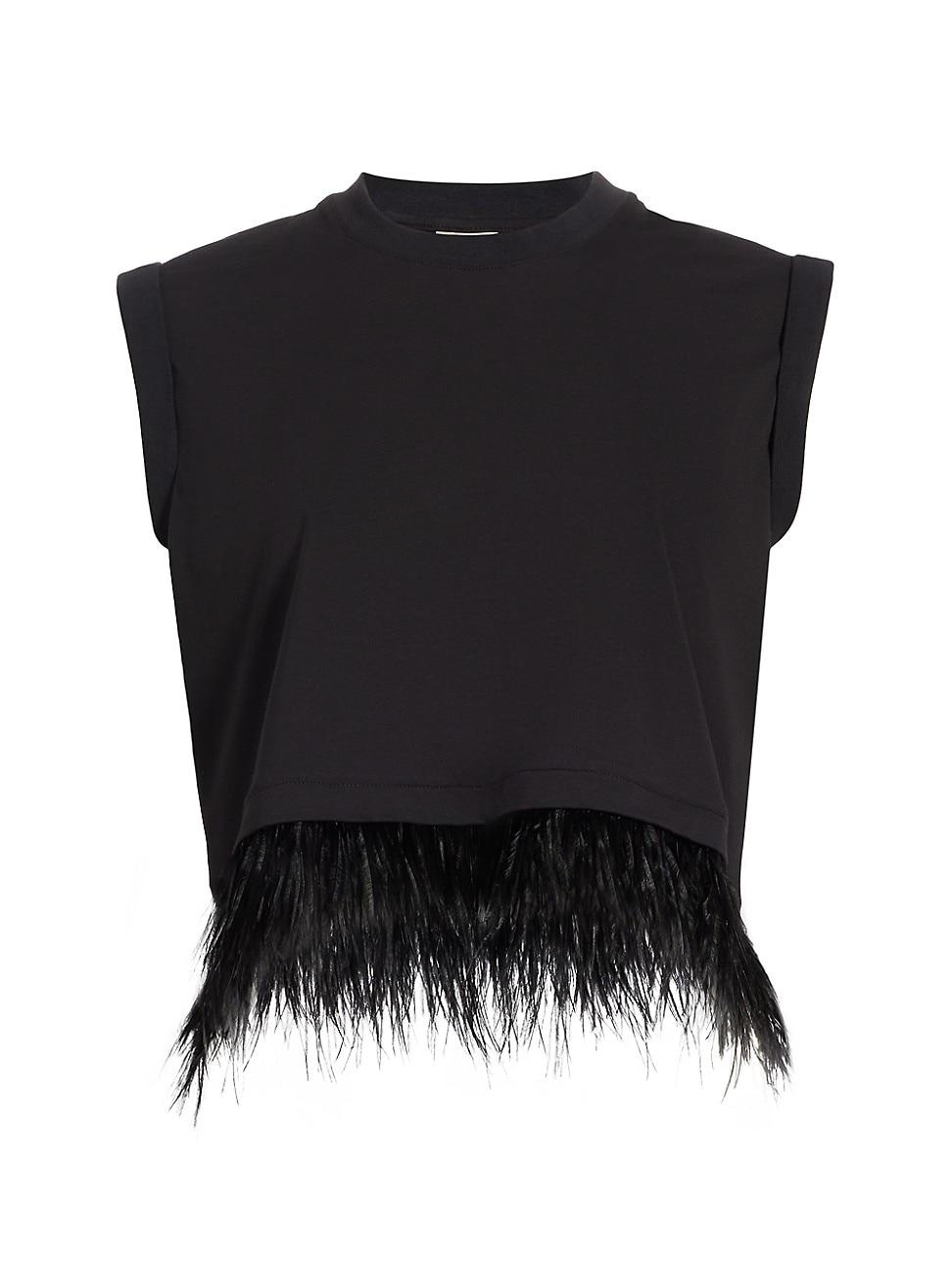 Womens Feather-Trimmed Stretch-Cotton Crop T-Shirt Product Image