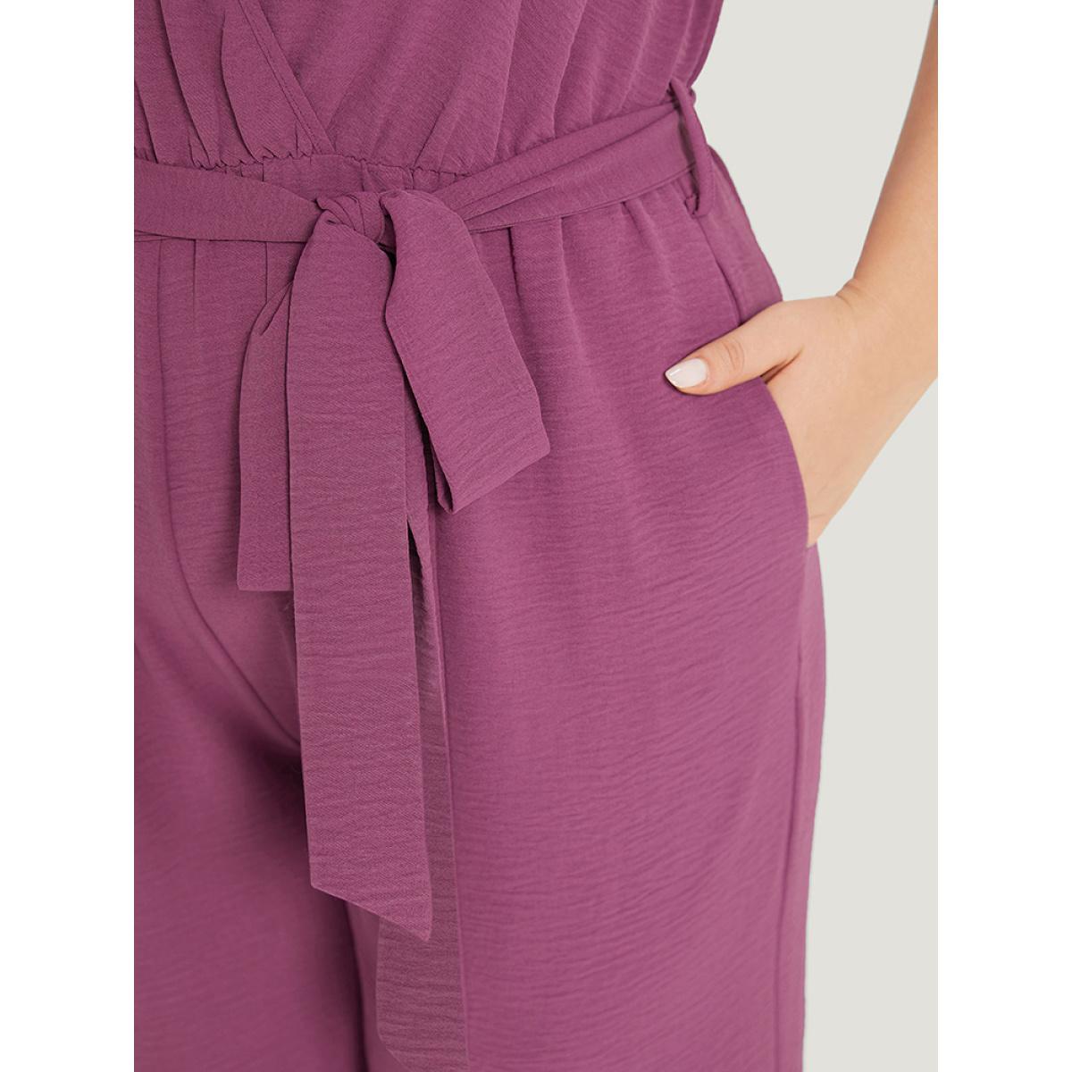 Plus Size RedViolet Plain Split Front Pocket Surplice Neck Belted Jumpsuit Women Elegant Sleeveless V-neck Dailywear Loose Jumpsuits BloomChic 10/M Product Image
