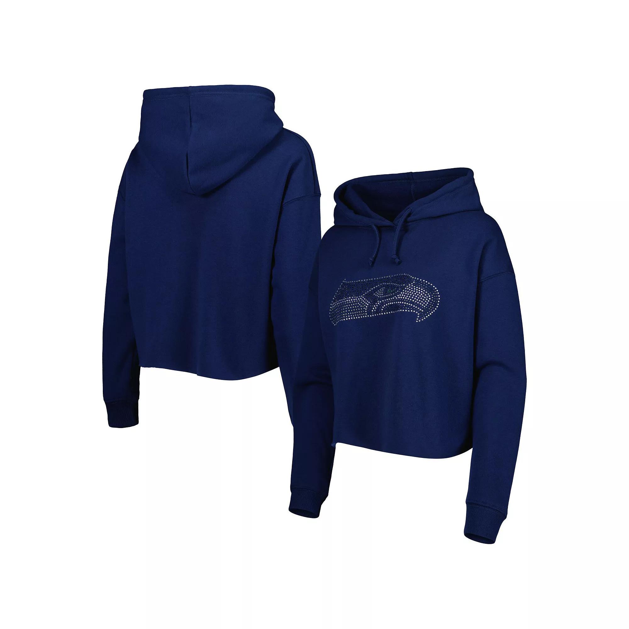 Women's Cuce College Navy Seattle Seahawks Crystal Logo Cropped Pullover Hoodie, Size: XL, Blue Product Image