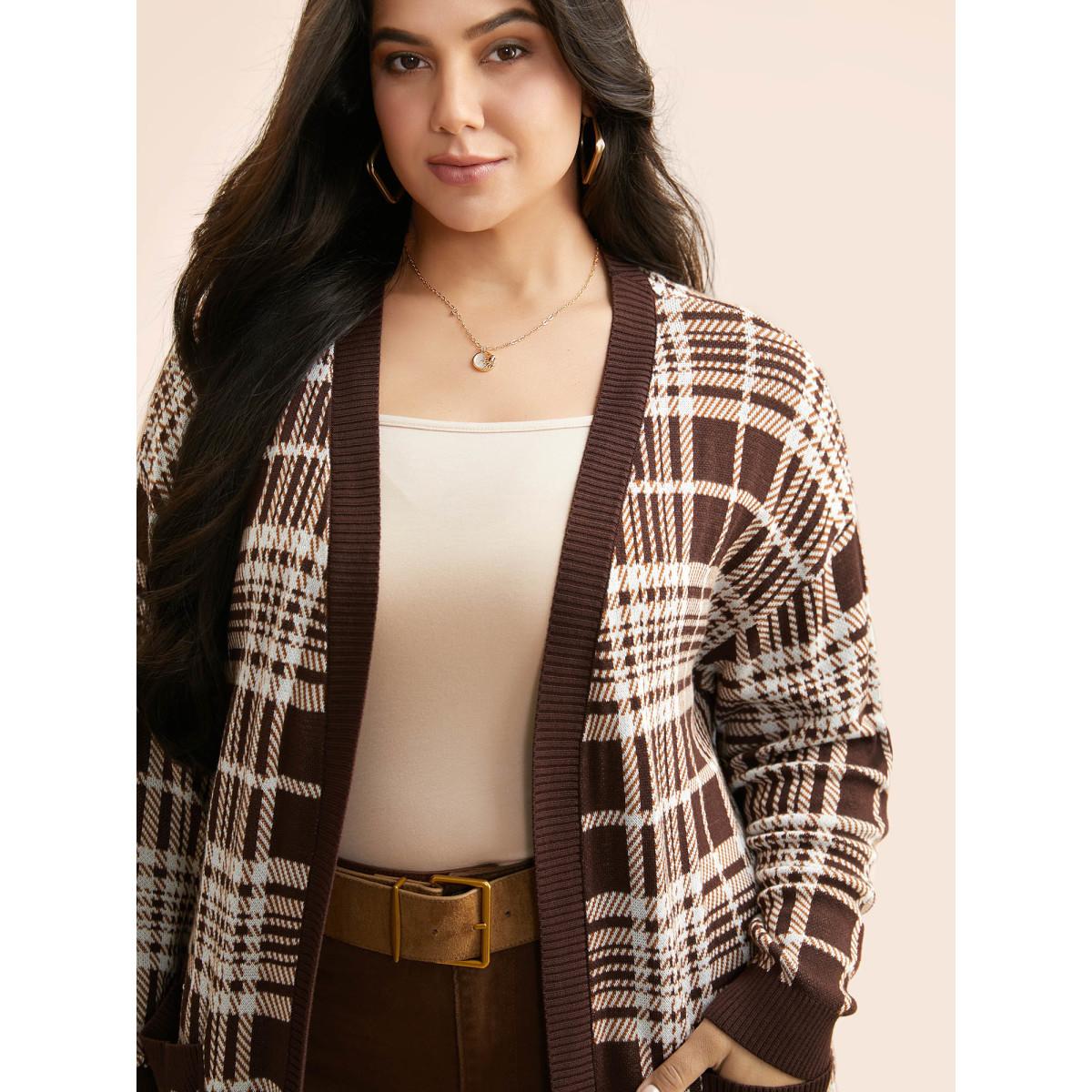 Plus Size Plaid Open Front Patch Pocket Cardigan DarkBrown Women Casual Loose Long Sleeve Everyday Cardigans BloomChic 10/M Product Image