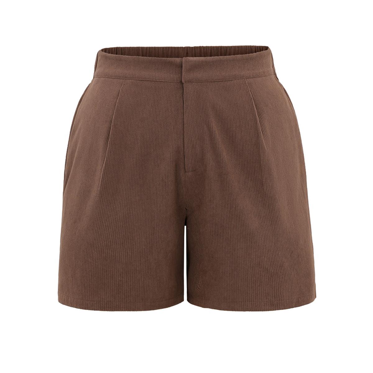 Plus Size Solid Corduroy Plicated Detail Shorts Women DarkBrown Office Texture Office Shorts BloomChic 22-24/3X Product Image