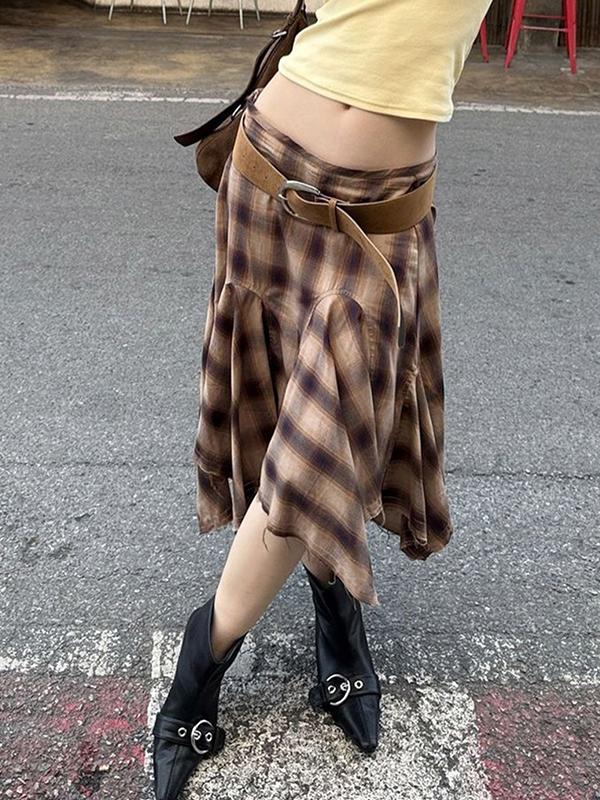 Retro Plaid Patchwork Maxi Skirt Product Image