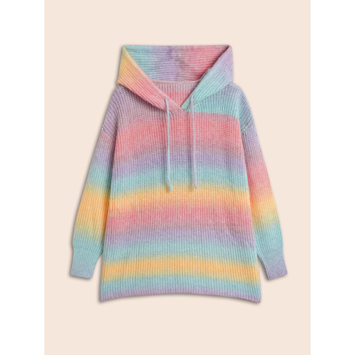 Plus Size Ombre Contrast Hooded Drop Shoulder Pullover Multicolor Women Casual Loose Long Sleeve Hooded Everyday Pullovers BloomChic 12/L Product Image