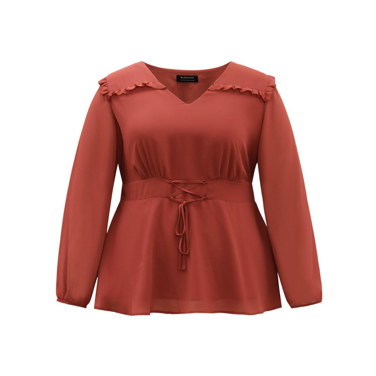 Plus Size Rust Chiffon Lace Up Shirred Frill Trim Blouse Women Office Long Sleeve V-neck Office Blouses BloomChic 18-20/2X Product Image