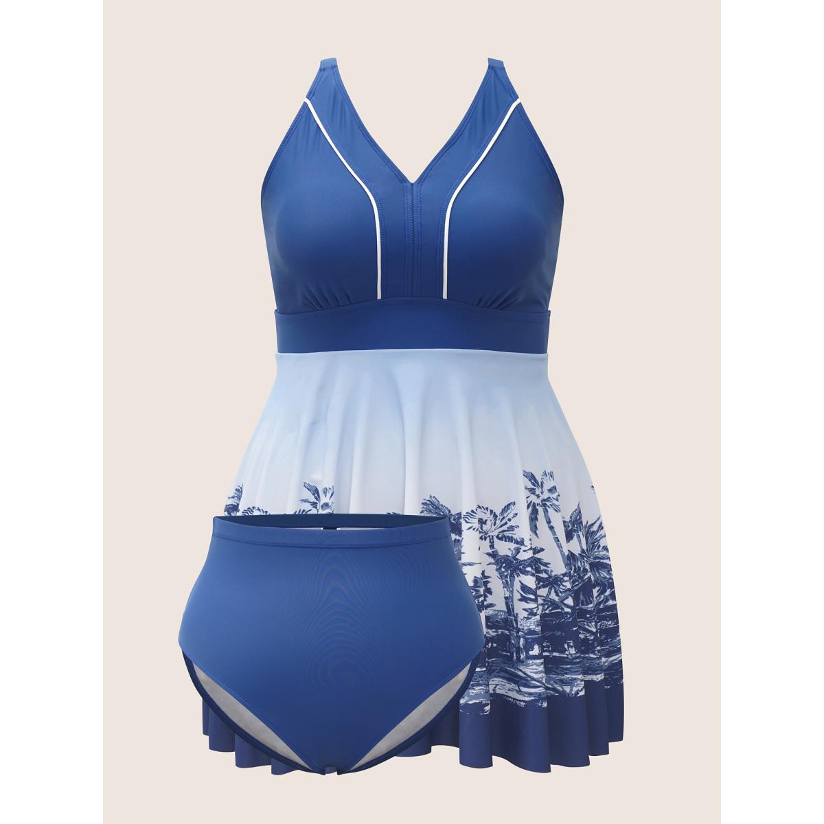 Plus Size V Neck Tropical Print Contrast Swim Dress Women's Swimwear Cerulean Beach Bodycon V-neck High stretch Curve Swim Dresses BloomChic 14-16/1X Product Image