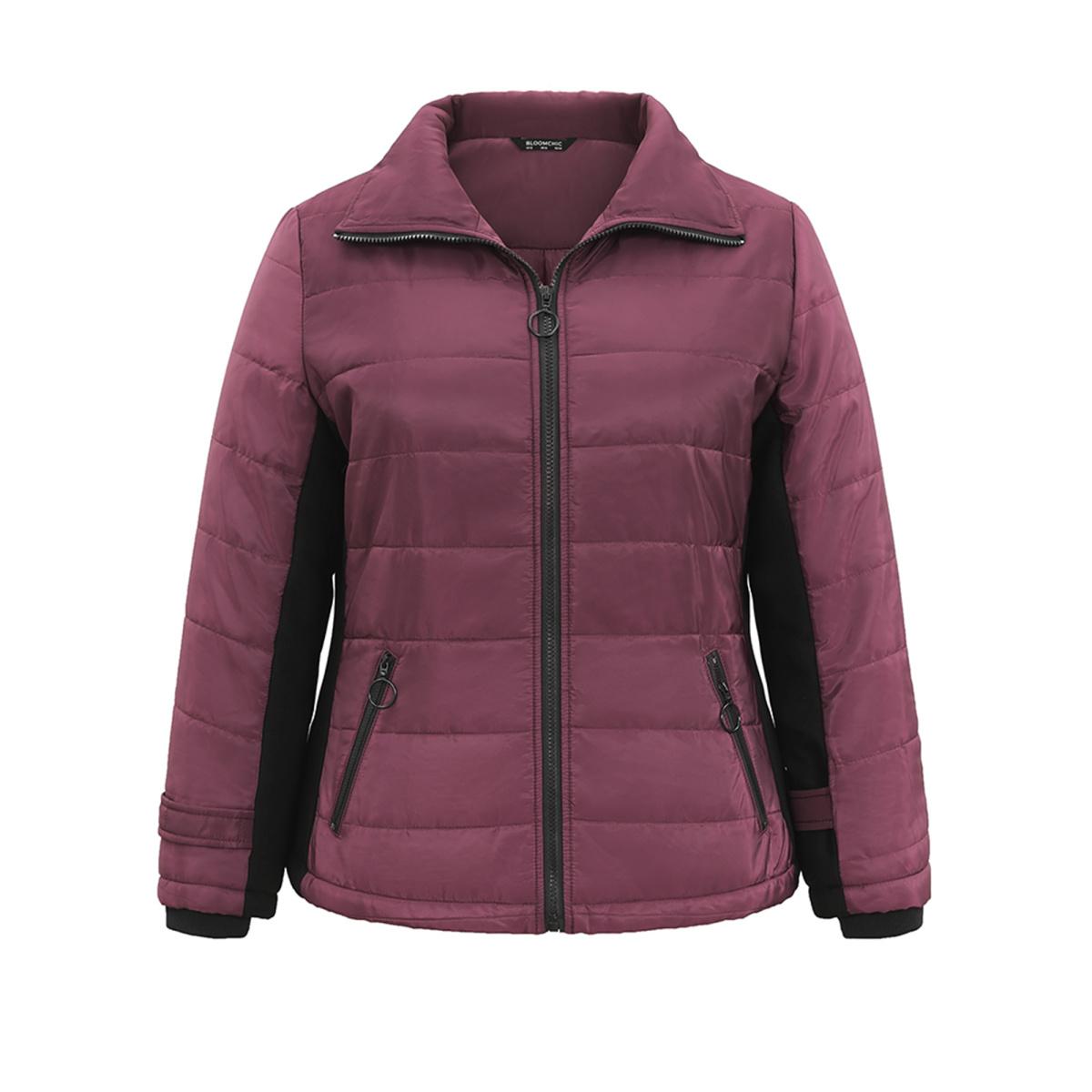 Plus Size Solid Zipper Patchwork Padded Jacket Women Burgundy Lined Pocket Everyday Jackets BloomChic 10/M Product Image