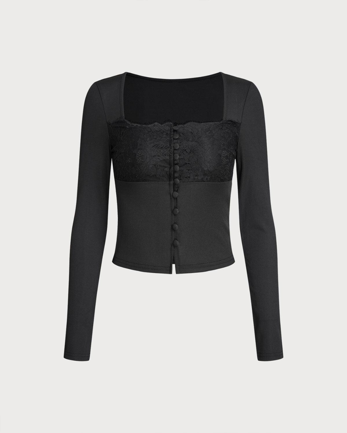 Black Square Neck Button Slim Tee Product Image