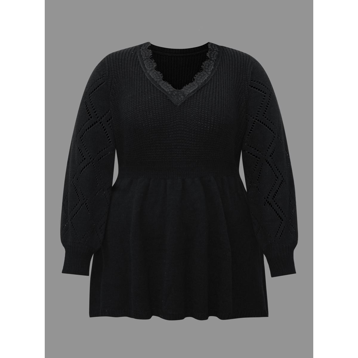 Plus Size V Neck Lace Panel Lantern Sleeve Pullover Black Women Casual Bodycon Long Sleeve V-neck Everyday Pullovers BloomChic 26/4X Product Image