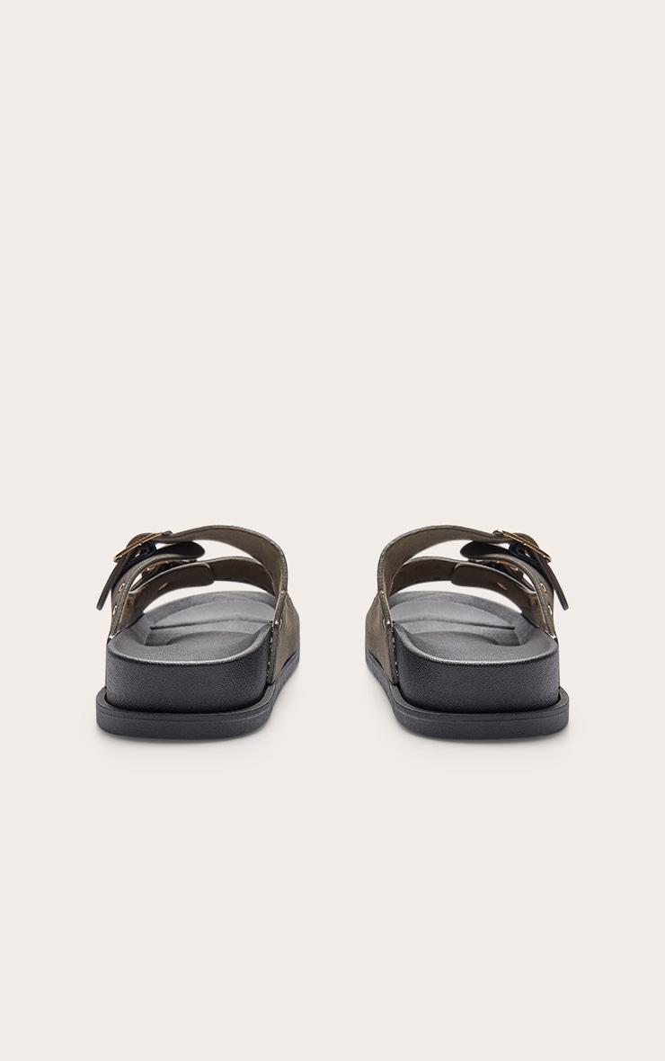 Green Double Buckle Faux Suede Flatbed Sandals Product Image