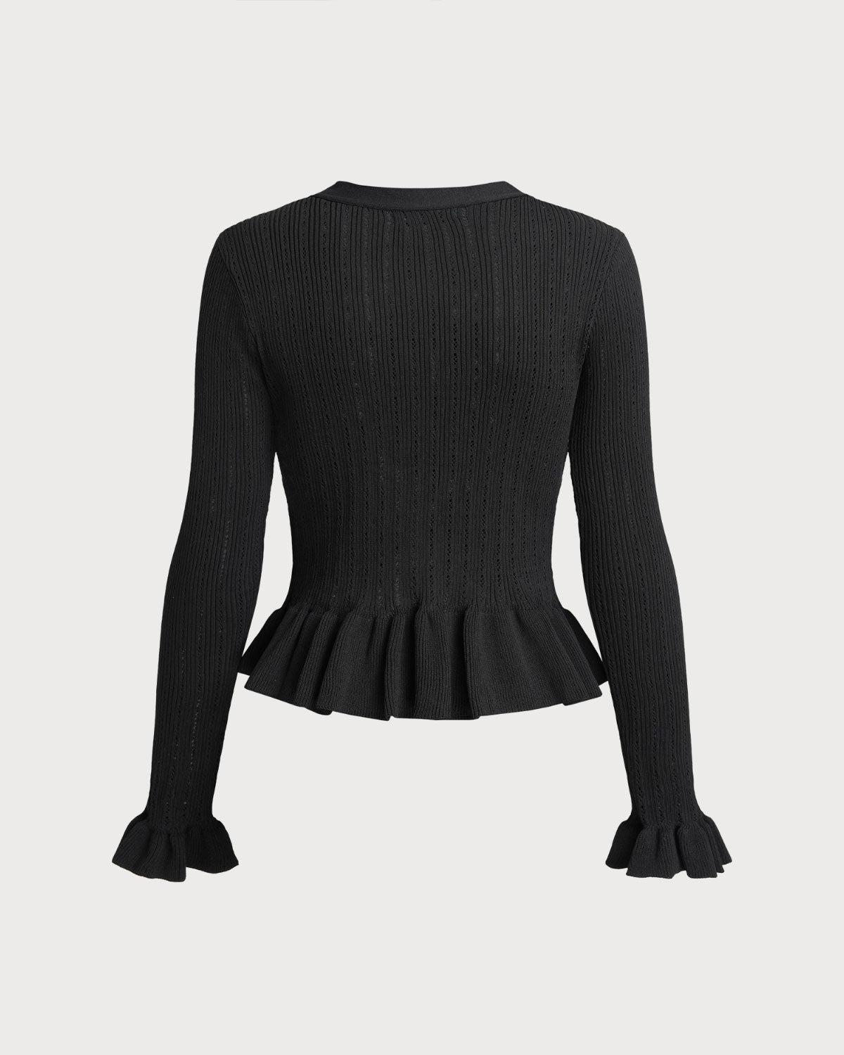 Black V Neck Bell Sleeve Knit Cardigan Product Image