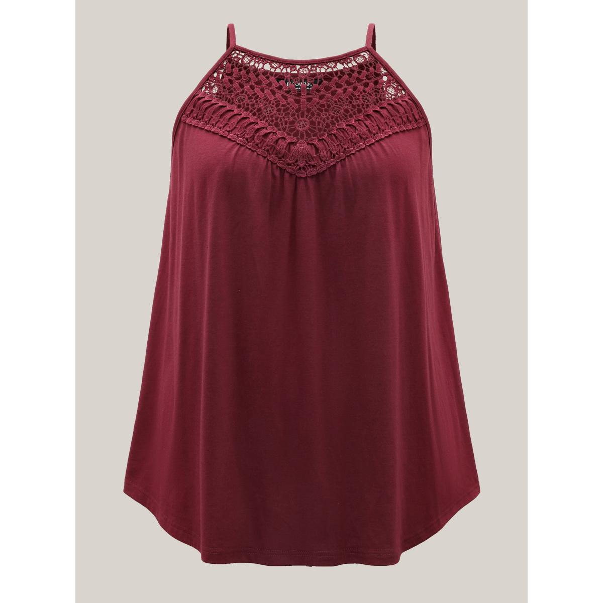 Plus Size Lace Cut-Out Pleated Tank Top Women Deepred Leisure Woven ribbon&lace trim Halter neck Casual Tank Tops Camis BloomChic 12/L Product Image