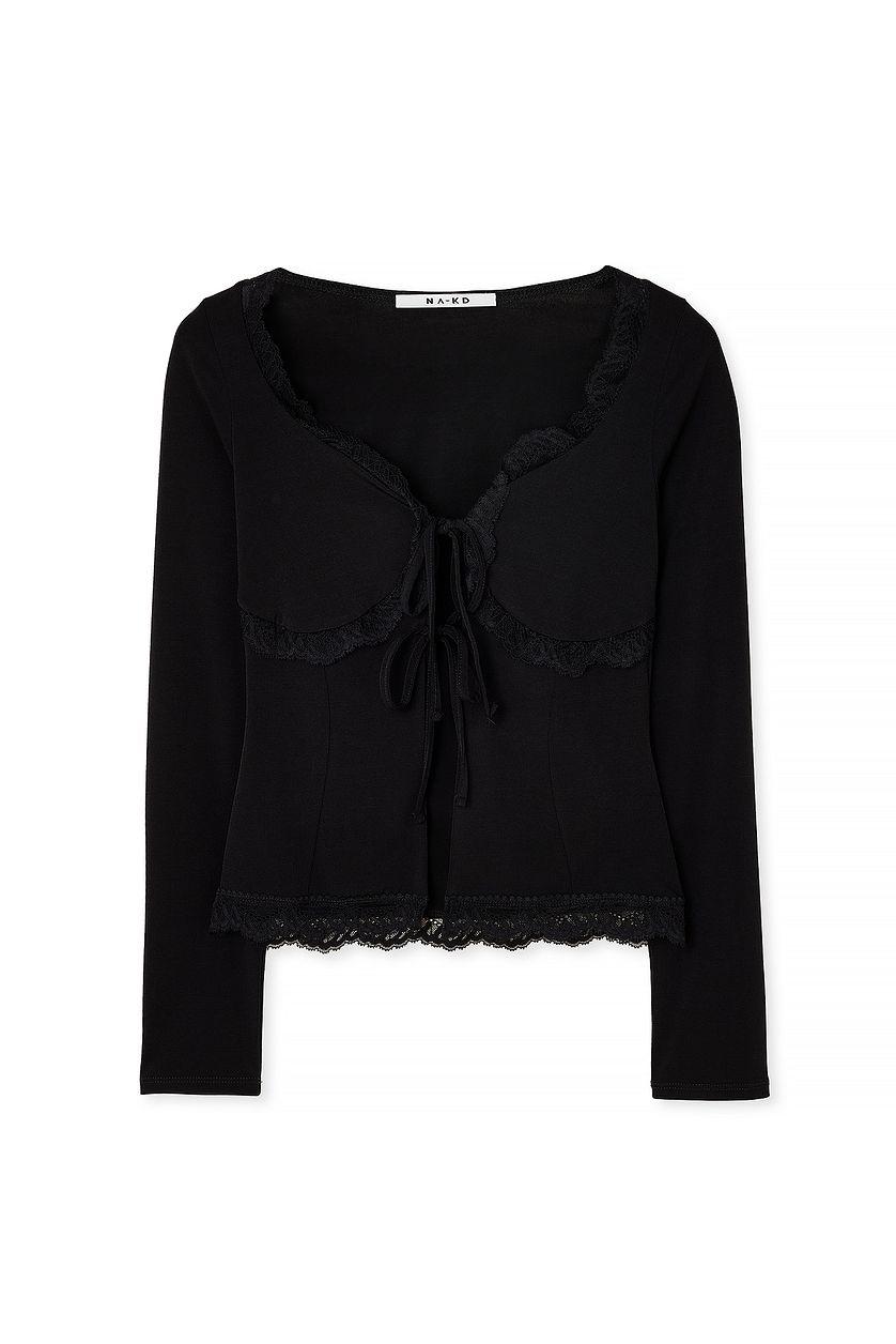 Long Sleeve Lace Tie Top Black Product Image