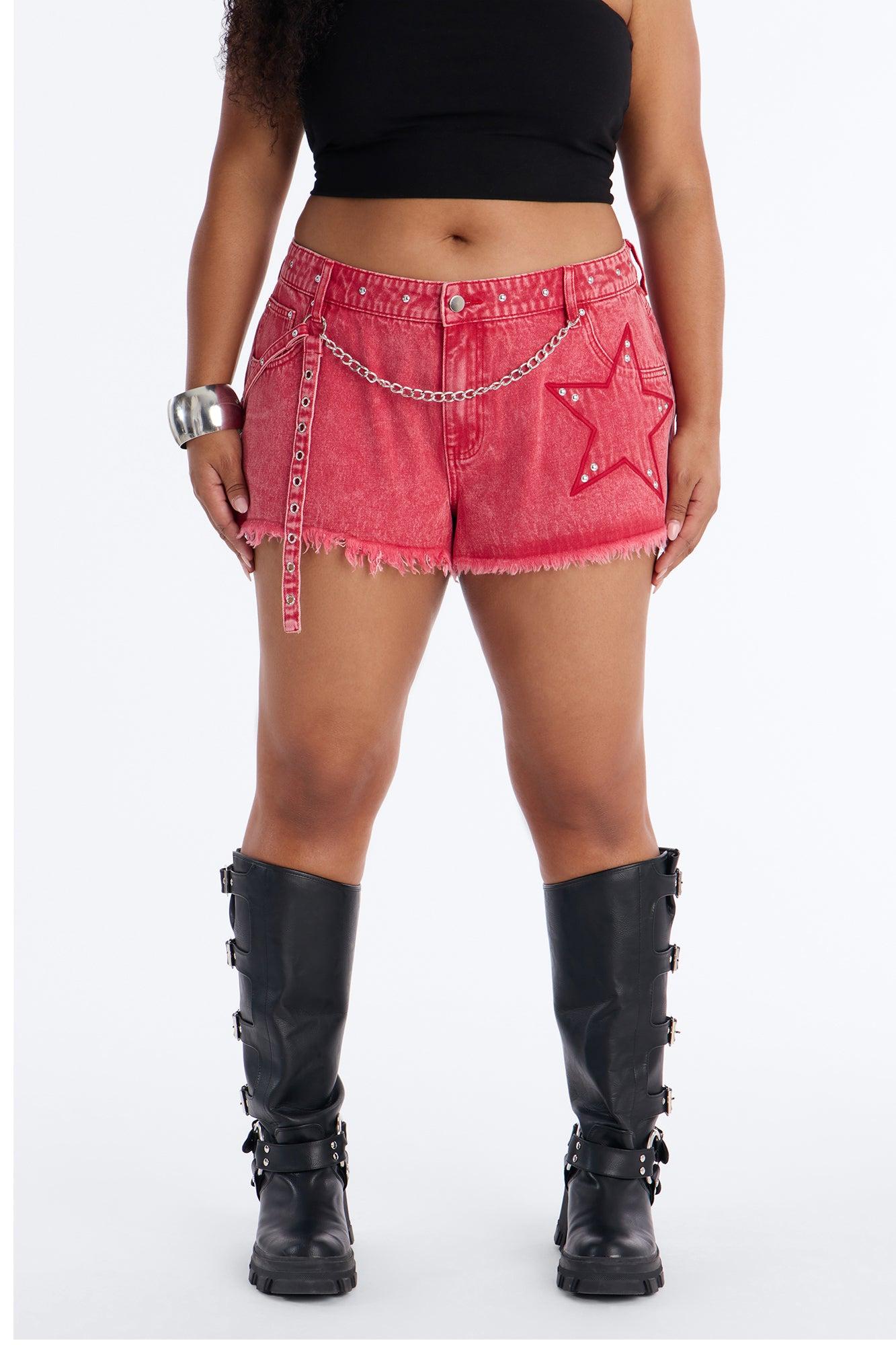 Star Studded Embellished Cut Off Denim Shorts - Red Female Product Image