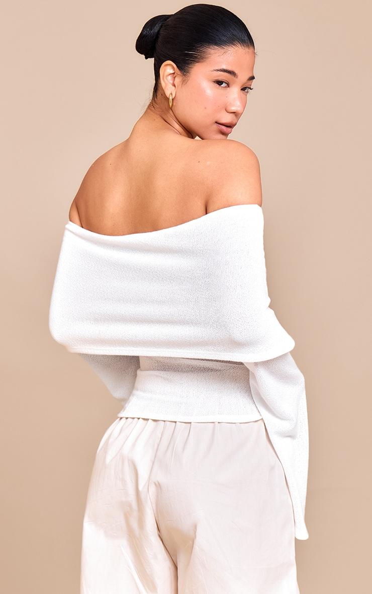 White Textured Fold Over Bardot Extreme Flute Sleeve Long Top Product Image