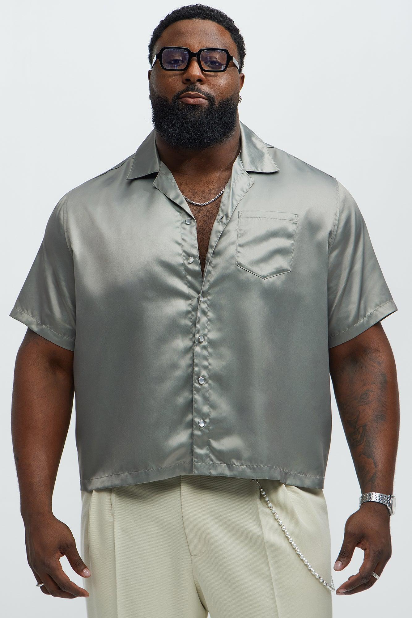 Satin Cuban Collar Button Up - Grey Product Image