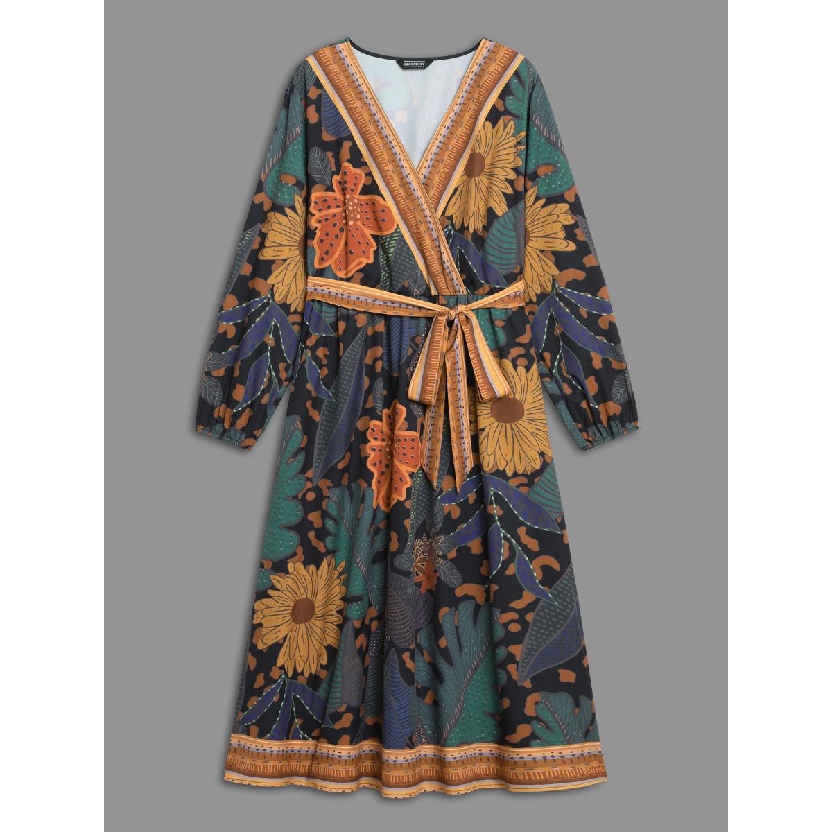 Plus Size Boho Print Belted Lantern Sleeve Dress Black Women Resort Belted Overlap Collar Long Sleeve Curvy BloomChic 10/M Product Image