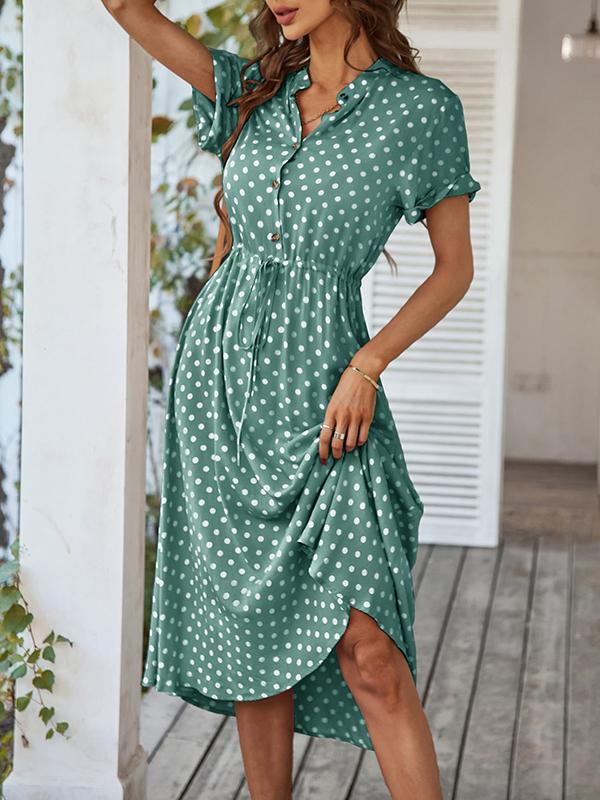 A-Line High Waisted Buttoned Drawstring Polka-Dot V-Neck Midi Dresses Product Image
